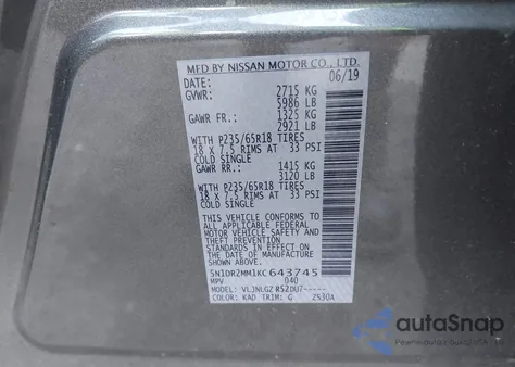 2019 Nissan Pathfinder Sl из США, поврежденный, VIN 5N1DR2MM1KC643745